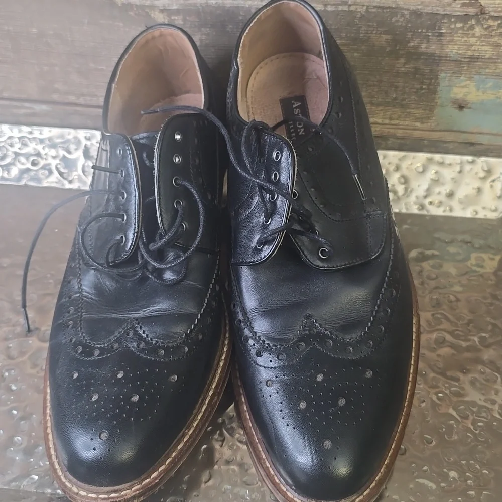 Aston Grey Black Leather Brogue Oxfords with Brown Wood-Effect Soles, Mens Sz 9